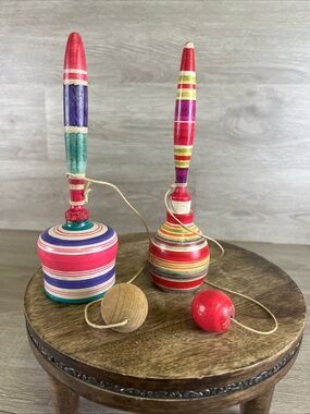 Vintage Pair Balero de Copa Multi-Color Wood Mexican Traditional Dexterity Toys